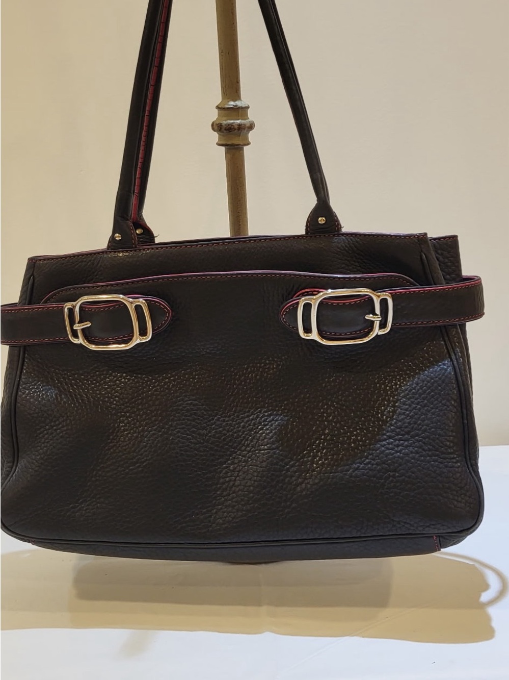 COLE HAAN black and pink pebbled leather shoulder bag